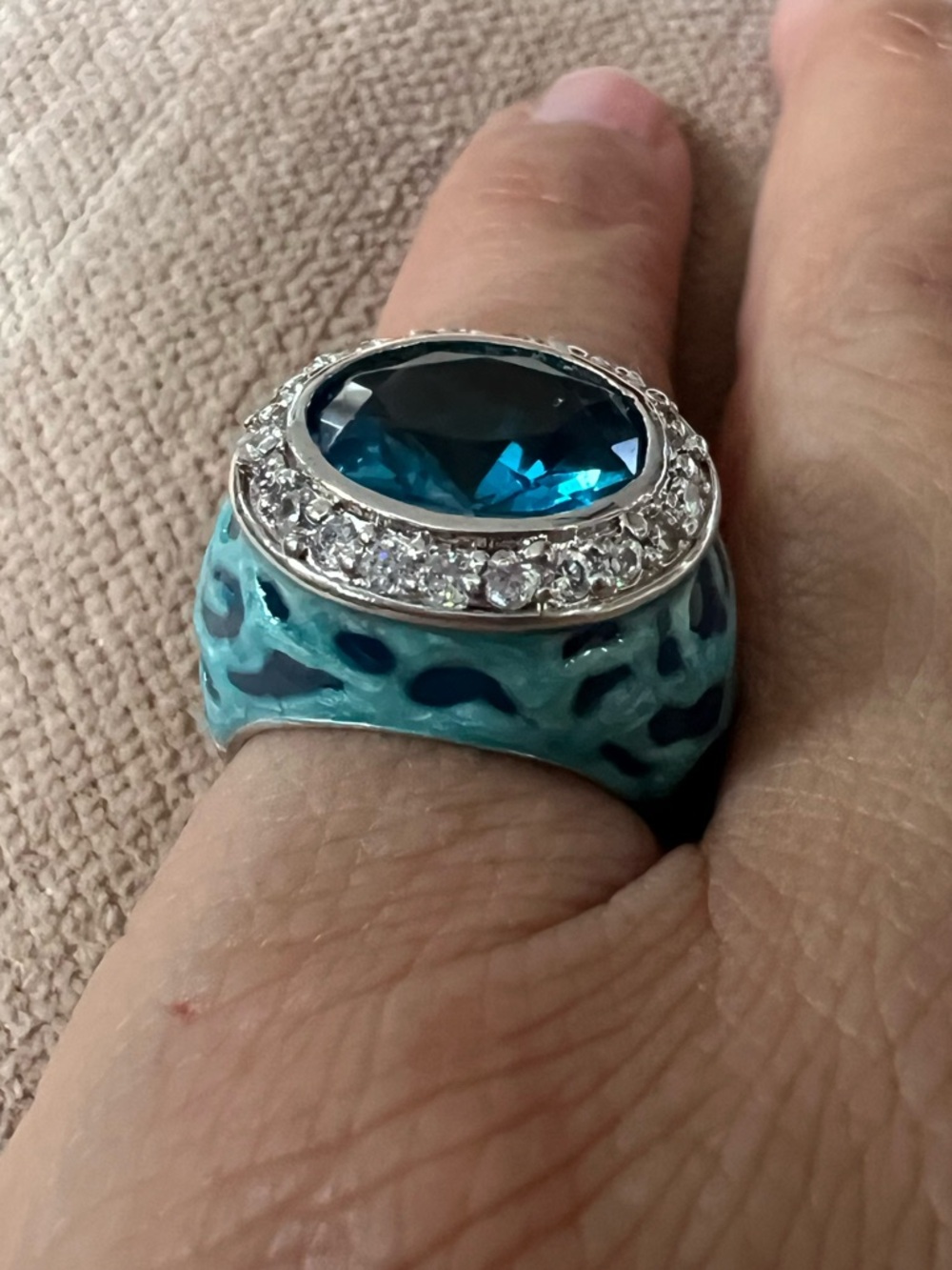 Teal Statement Cocktail Ring Silver Tone Textured Band CZ Halo Size 5.25 #5254